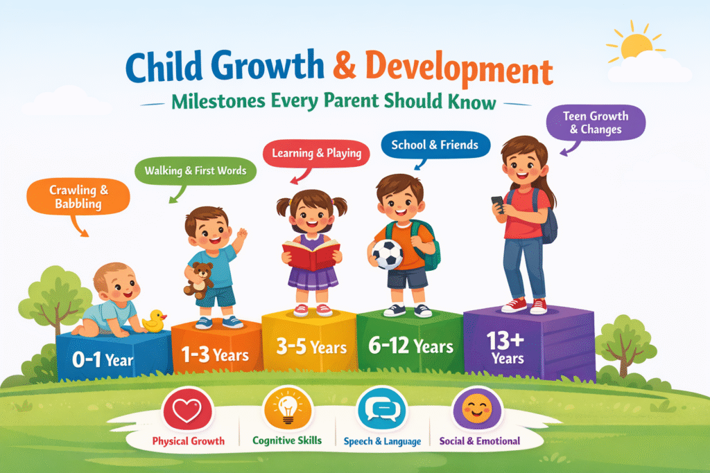 Child growth and development milestones showing babies, toddlers, and children during medical checkups and play activities